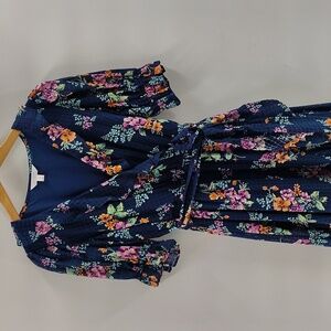 LC Lauren Conrad Dress Navy Medium Floral Print V Neck Ruffle Puff Sleeve